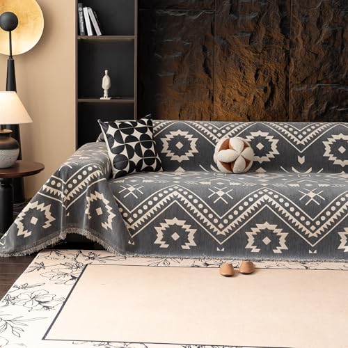 VClife Aztec Geometric Chenille Couch Cover Washable Sofa Cover for 2 Cushion Couch Sofa Retro Vintage Gray White Tribal Pattern Sofa Slipcover for Sectional Couch 71" X 118"