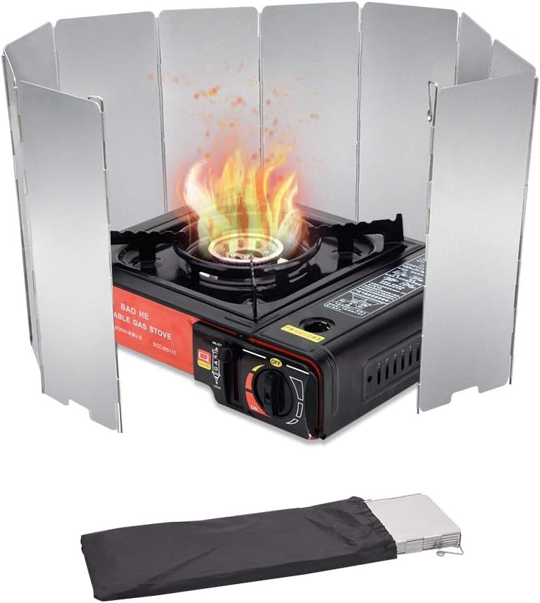 BYRM 10 Plates Camping Stove Windscreen, Aluminum Foldable Windshield with Storage Bag, Portable Butane Stove Protector fo...
