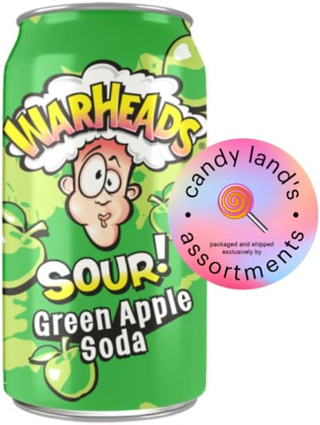 Warheads Sour Soda Can- Green Apple- 12 Pack with Candy Land's Assortments Brand sticker