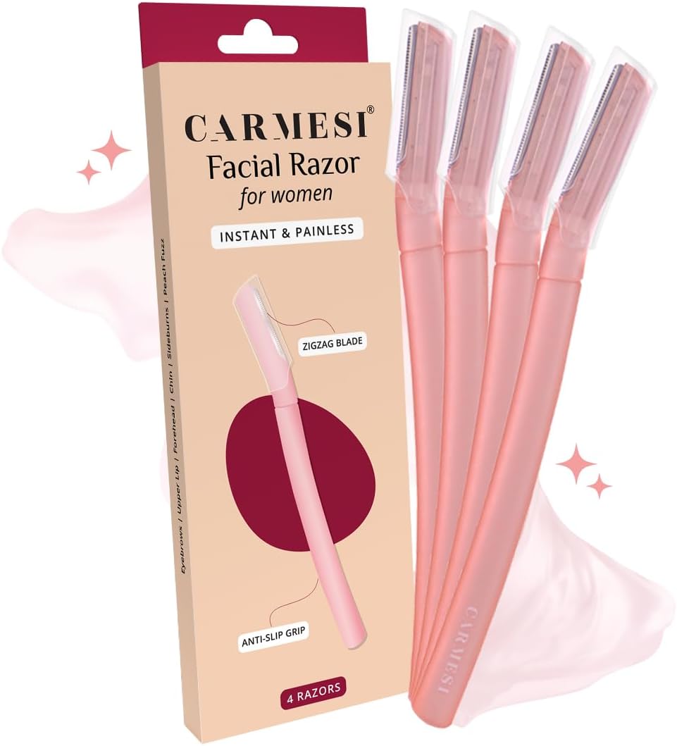 Carmesi Reusable Face Razor for Women Facial Hair- 4 Razors | Instant & Painless Hair Removal | For Eyebrows, Upper Lip, Forehead, Peach Fuzz, Chin and Sideburns | Dermaplaning Tool