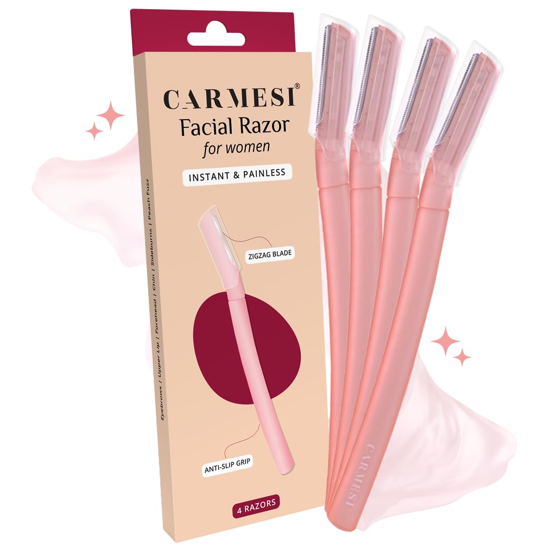 Carmesi Reusable Face Razor for Women Facial Hair- 4 Razors | Instant & Painless Hair Removal | For Eyebrows, Upper Lip, Forehead, Peach Fuzz, Chin and Sideburns | Dermaplaning Tool