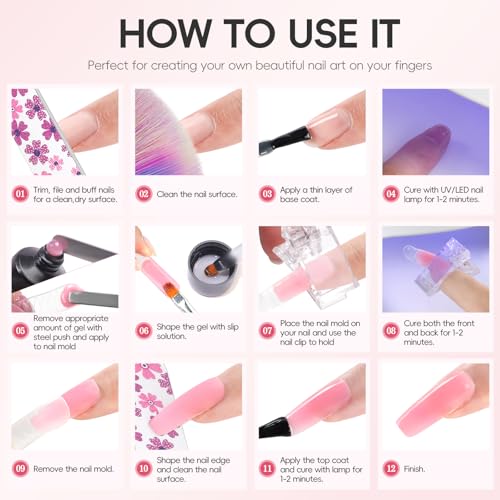PEACECOLOR Poly Nagelgel Set mit UV Nagellampe, 6 Farben Pink Weiß Glitzer Nagelverlängerungsgel Matt Glitzer Top Base Coat Gel Basis Decklack Slip Solution Maniküre-Zubehör für Anfänger