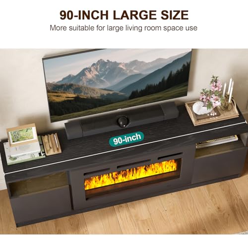 Image of MXV 90 inch Fireplace TV Stand for TVs Up to 100 inch, LED Light Entertainment Center with 50 inch Electric Fireplace, Modern Wood Texture TV Media Console with Highlight Storage Cabinet, Black+Black