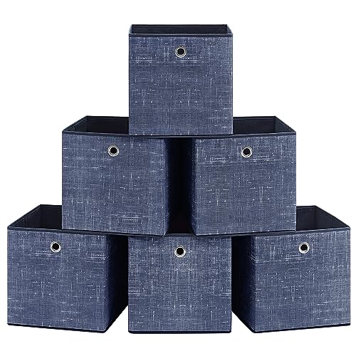 SONGMICS Boîtes de Rangement, Lot de 6, Coffres de Rangement en Tissu Non-Tissé avec Poignée, 30 x 30 x 30 cm, Cubes, pour Étagère, Pliables, Rangement de Vêtements, Bleu