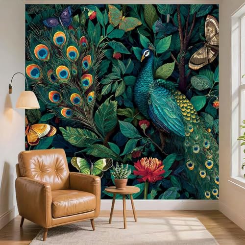 Papier peint paon 3D vert décor mural de la jungle - 6
