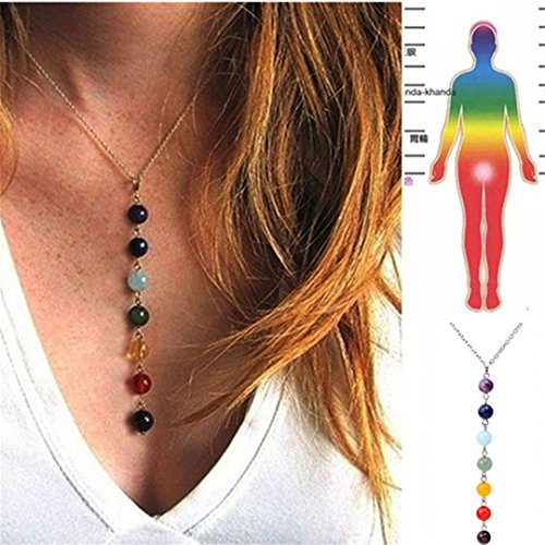 Preisvergleich Produktbild Faliya 7 Chakra Edelsteine Kristalle Perlen Anhänger Yoga Reiki Heilung Energieausgleich Halskette für Frauen Mädchen