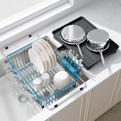 Image of JASIWAY Blue Dish Drying Rack in Sink with Drainboard and Utensil Holder