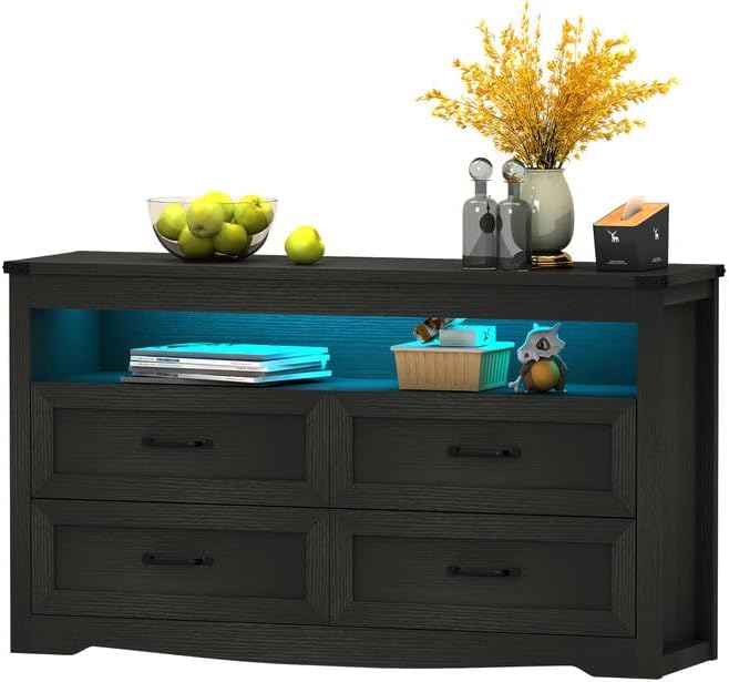 Dresser for Bedroom with 4 Drawers,Dresser with LED Light Decoration,Wide Chest of 4 Drawers Dressers for Storage Organizer,Wood Dresser for Closet, Living Room, Hallway, Bedroom.Black.