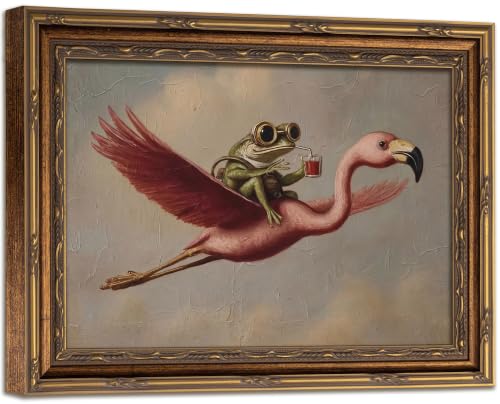 Gold Framed Funny Frog Flamingo Canvas Wall Art 9X11 inch