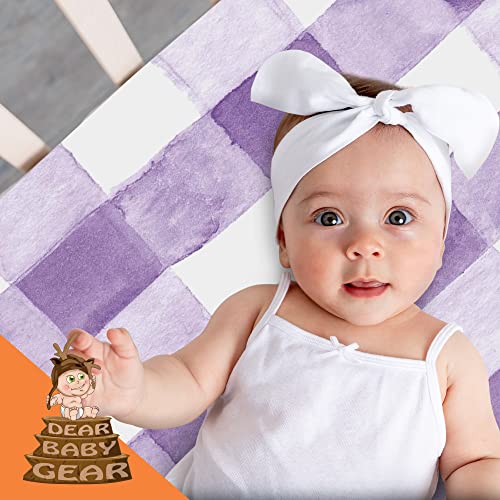 Image of Dear Baby Gear Deluxe Baby Crib Sheet - Cotton Polyester Infant Sheets - Soft Machine-Washable Crib Mattress Cover - Newborn Nursery Bedsheet - Watercolor Purple Lavender Plaid Print, 52 inchx28 inchx10 inch