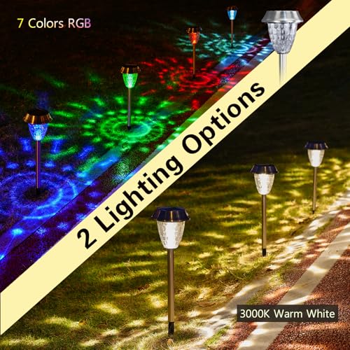 Sorapwod Solar Pathway Lights Outdoor 4 Pack, Glass & Metal Solar Lights with 10 Lumens Brightness, IP65 Waterproof, Warm White & RGB Modes, Decorative Solar Garden Lights for Yard, Walkway, Driveway by Sorapwod - Image 2