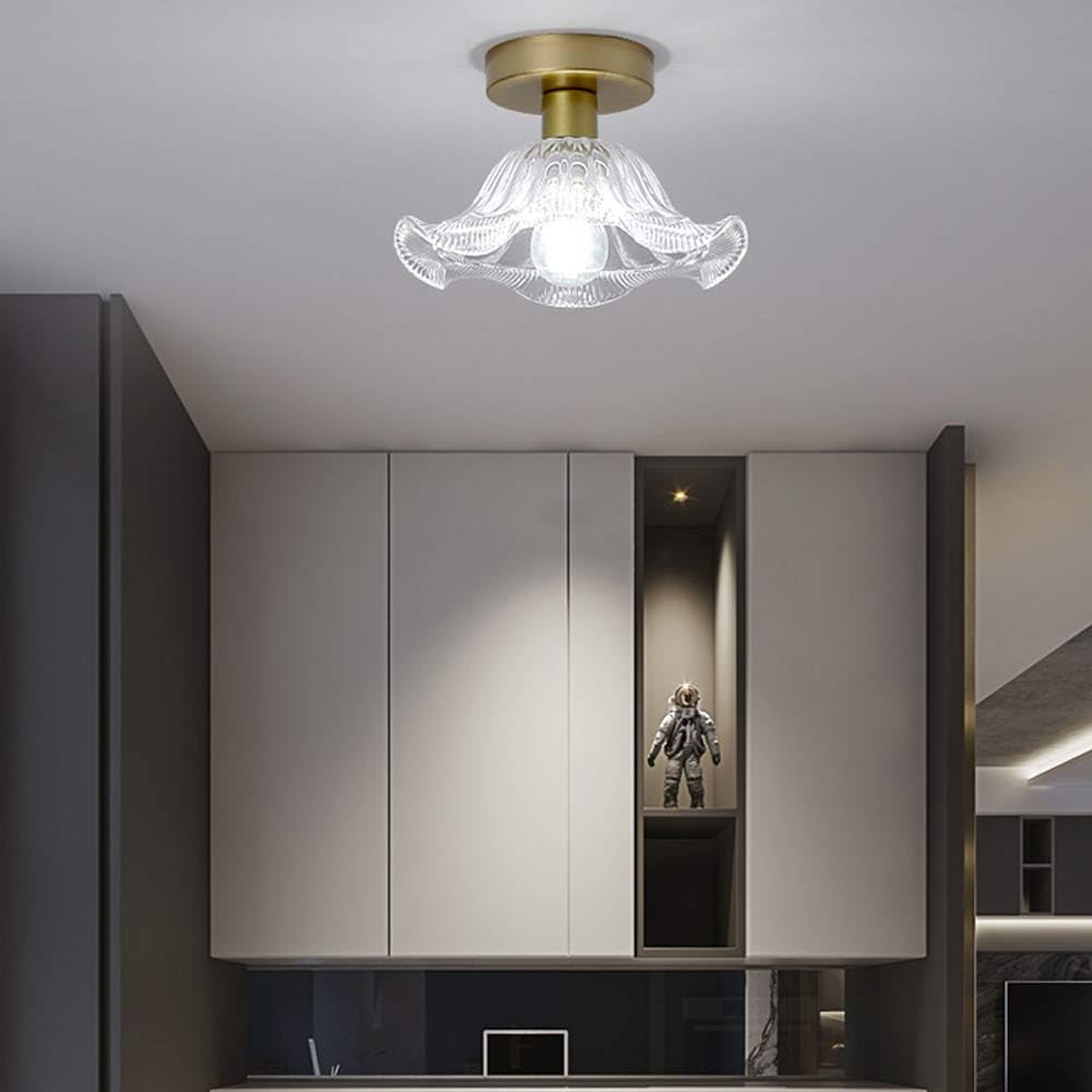 Golden Metal Semi Flush Mount Ceiling Light,Flower Clear Glass Shade Hallway Light Fixture, Indoor Ceiling Chandelier for Bedroom Bathroom Kitchen Porch Art Deco
