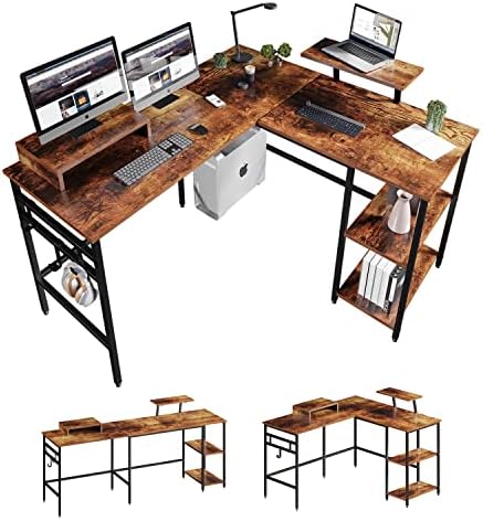 Wildhome 51" L Shaped Desk & Long Desk,Corner Gaming Desk with Monitor Stand, Home Office Workstation Table,2 Person Computer Table,Home Office Desks with 3 Headphone Hook (Vintage Oak Finish)