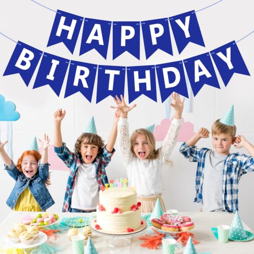 Image of Happy Birthday Banner Sign, Birthday Garland Wall Door Hanging Banners Flag for Women Men Boys Girls Party Backdrop Decorations, Personalized Name Banner White Letters Blue