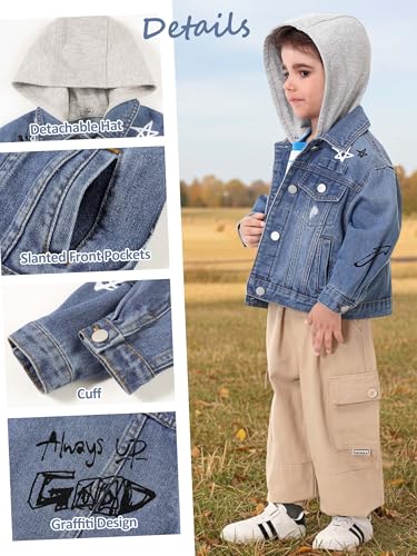 Image of Volunboy Toddler Hooded Denim Jackets Boys Spring Fall Ripped Jean Coat with Hood Long Sleeve Button Down Casual Outerwear