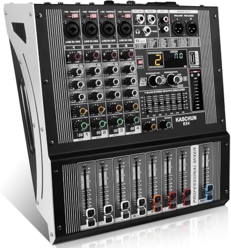 EX4 4-Channel Stereo Audio Mixer with 99 DSP Effects, 250Wx2 @4 Amplifier, 48V Phantom Power & Bluetooth, DJ Mixer for Studio Recording, Concerts, Karaoke, Party PA System
