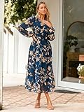 Simplee Women's Floral Boho Long Sleeve Maxi Dress V Neck Empire Waist Swing Flowy Wedding Guest Dress Navy Floral M - Image 4