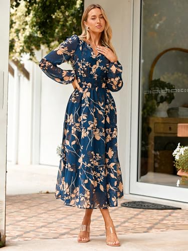 Simplee Women's Floral Boho Long Sleeve Maxi Dress V Neck Empire Waist Swing Flowy Wedding Guest Dress4