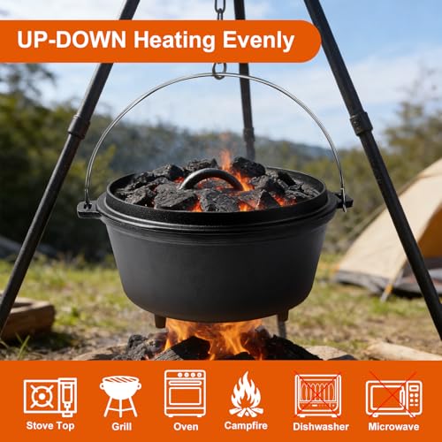 Blingco Pre-Seasoned Cast Iron 8QT Camp Dutch Oven with Lid, Large Camping Dutch Oven Pot, incl. Lid Lifter - Dual Handles - for Outdoor Campfire, Grill, Oven & Stovetop Cooking-Black - Image 5
