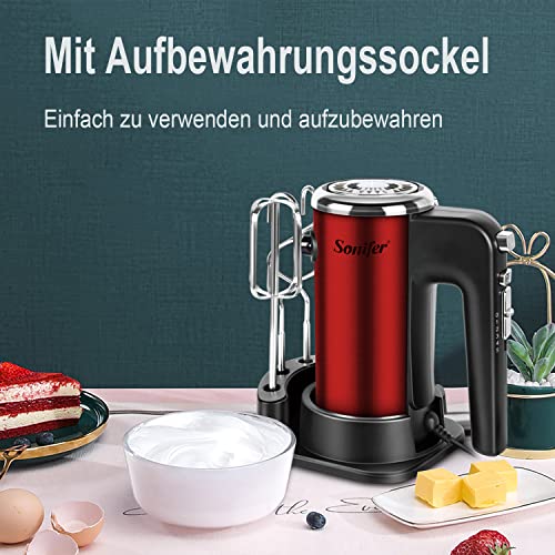 Sonifer Handrührgerät Elektrischer | 400 Watt Handmixer Edelstahl | 5 Geschwindigkeitsregler | Turbo- und Auswurf-Funktion | extrem leiser Motor | inkl. 2 Rührbesen und 2 Knethaken und 1 Sockel | Rot