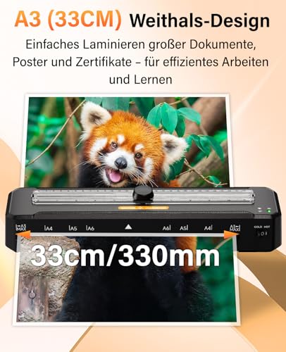 MAXDONE Laminiergerät, A3 Laminiergerät Eingebauter Cutter, Laminiermaschine mit 10 Folien und Eckrunde, 2 Walzen System, Schnelles Aufwärmen, Laminator für A3 A4 A5 A6 Schule Dokumente Zuhause Foto