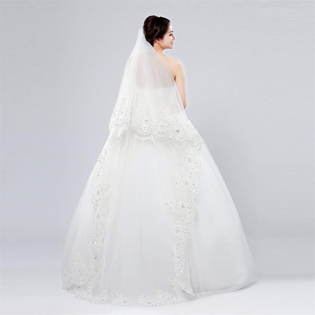 輝くスパンコールビーズ付きベール レースウェディングベール エッジカテドラルウェディングベール アイボリーアクセサリー