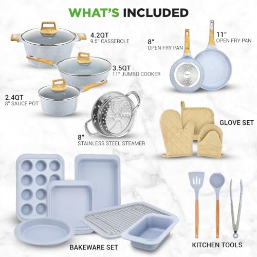 NutriChef 22 Pc Ceramic Cookware Set, Pots and Pans Set, Moon Grey - Image 2