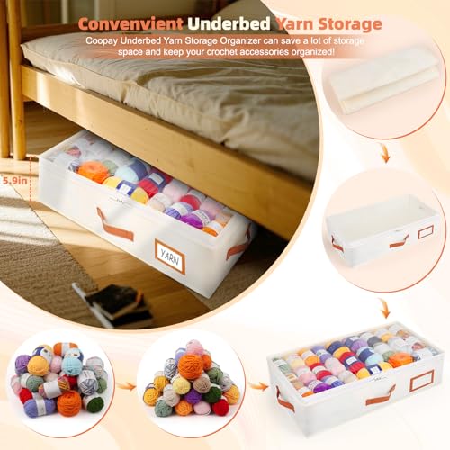 Image of Coopay Underbed Yarn Storage, 2 Pack Large Crochet Bag with Transparent Design & Easy-to-sort Labels Holder, Yarn Bag for Knitting Needles Crochet Accessories, Beige