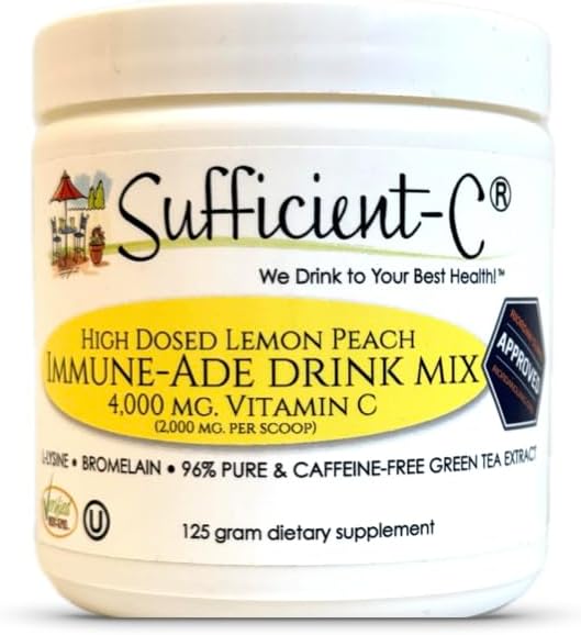 High Dose Non-GMO Vitamin C Lemon Peach Immune-Ade Drink Mix, Convenient 125 Gram Size w/L-lysine, Bromelain & a Premium 96% Pure Green Tea Extract - Stomach Friendly, Adrenal Supportive
