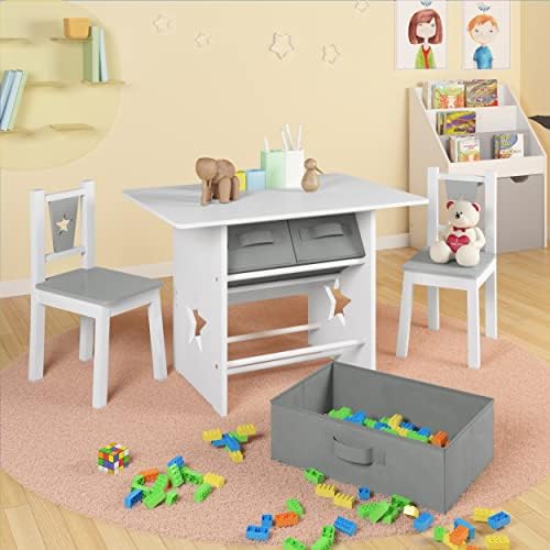 WOLTU Wooden Kids' Children's Table with 2 Chairs Stools and 3 Storage Drawers Set for Preschoolers Boys and Girls Activity Build & Play Table Chair Set White+Grey SG011