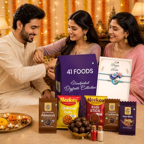 Image of 41foods Pyaar Ka Rista - Rakhi Gift Hamper 10 Item-Blue Bliss Elegant Peacock &Lumba Rakhi, Dates and Dry Fruit Laddoos, Healthy Baked Ragi stick- Bhai Bhabhi Rakhi Set with Gift