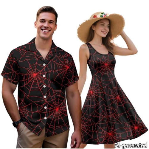 Image of Dreaweet Summer Dresses for Women A-Line Sleeveless Flowy Sun Dresses,Men's Casual Button-Down Shirts,Couple Matching Outfits
