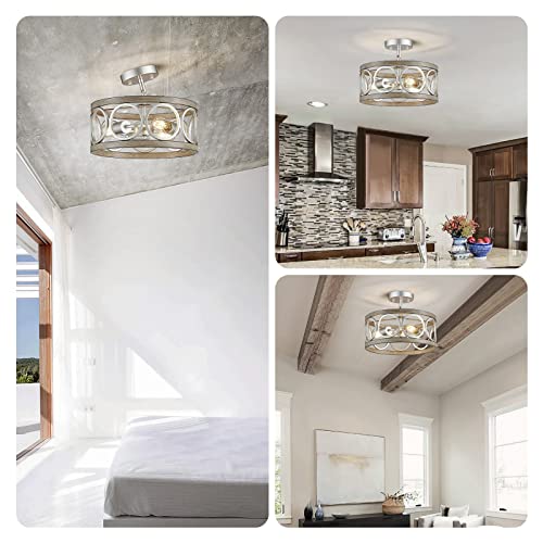 Xingqi 3-Lights Modern Ceiling Light Fixture Brushed Nickel Rustic Semi Flush Mount Ceiling Lights Wood Grain Metal Round Lamp For Kitchen Dining Room Bedroom Entryway #TOP1