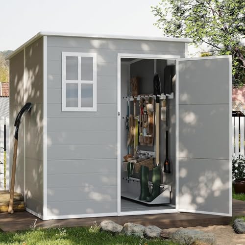 Image of UDPATIO Outdoor Resin Storage Shed 6x6 FT, Plastic Garden Shed for Bike, Garbage Can, Tool, Outside Sheds & Outdoor Storage Storage Box with Lockable Door for Backyard, Patio, Lawn, Grey & White