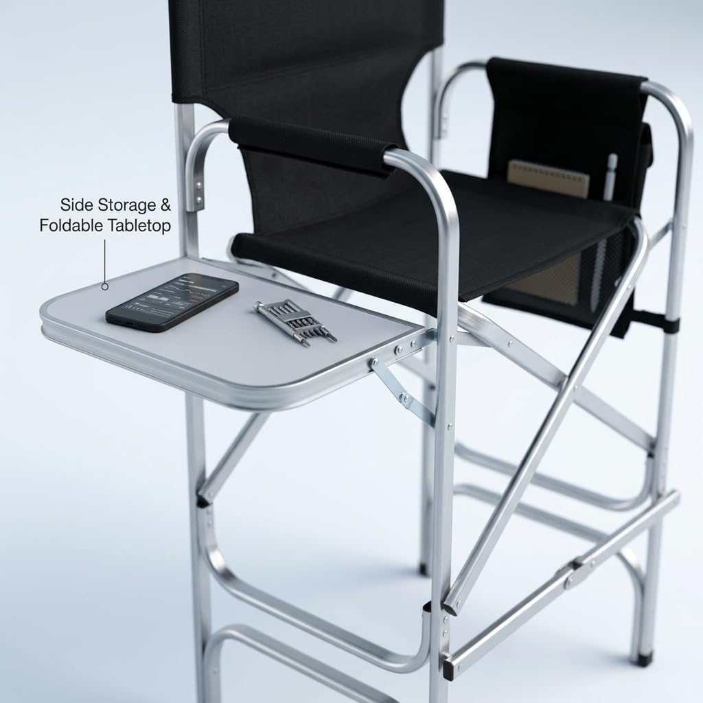 VINGLI 31" Tall Director's Chair for Makeup Artist, Aluminum Portable Makeup Chair with Retractable Side Table & Footrest,Supports 300 lbs, Foldable Makeup Chair for Studio, Silver & Black