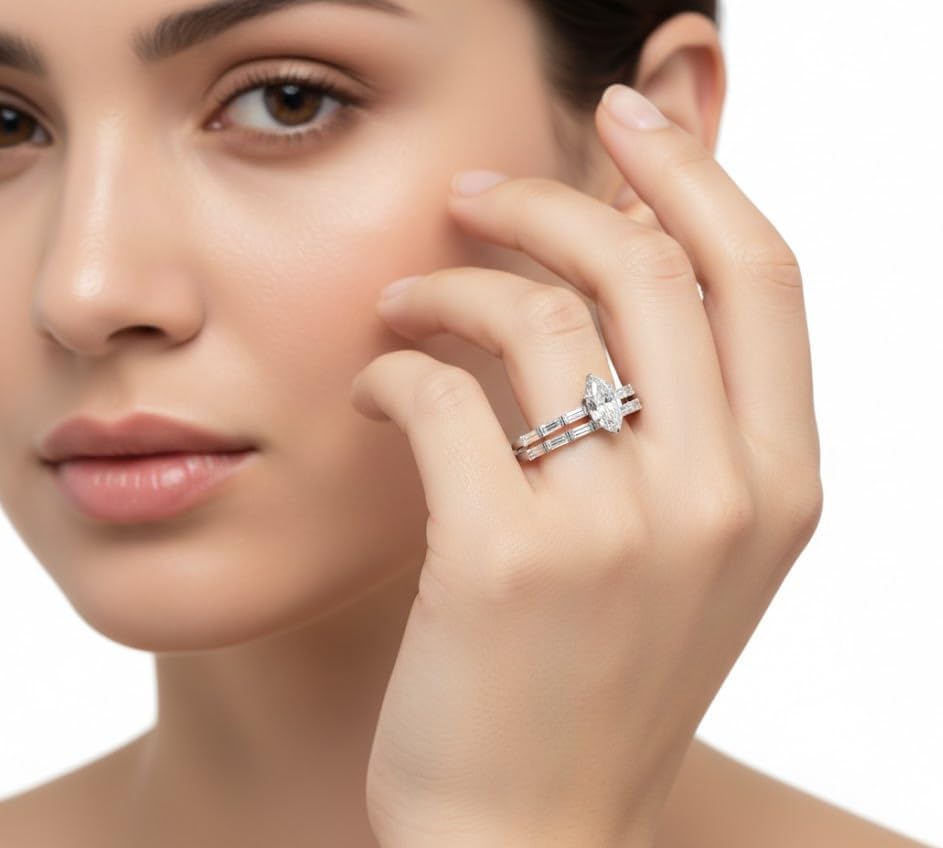 Choose Your Gemstone Baguette Wedding Band Sets Sterling Silver Marquise Shape Wedding Ring Sets Affordable for Your Girlfriend, Wife, Partner Wedding US Size 4 to 12