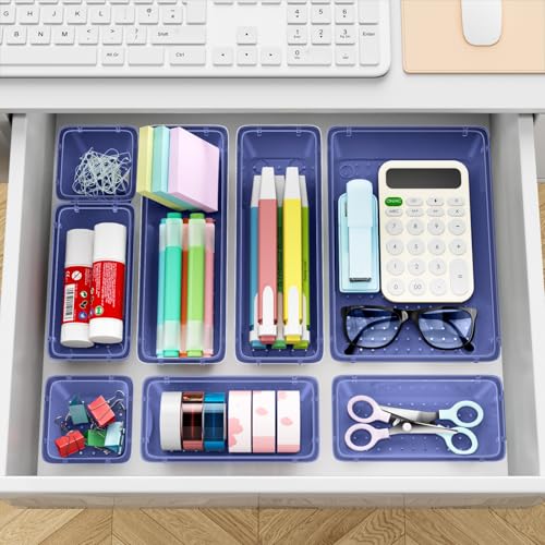 Image of ElegantArray 12 PCS Drawer Organizer Set, 4 Sizes Tool Storage Trays, Clear Plastic Makeup Vanity Organizer and Storage Bins for Stationeries, Multiple Gadgets for Office, Bedroom, Navy Blue