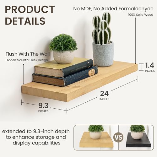Image of Marsmiles Floating Shelves | 24 Inch Natural Wood Wall Shelves Set of 2 | 9.3 Inch Deep Rustic Reclaimed Wood Shelves for Room Wall | Farmhouse Floating Shelves for Living Room Bathroom
