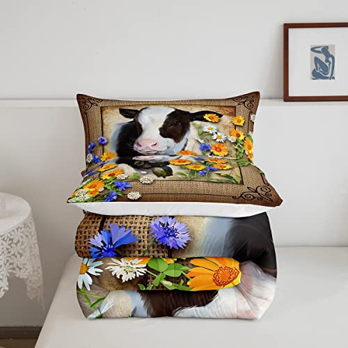 Manfei Cow Print Comforter Set Queen Size Rustic Livestock Retro Sunflower Daisy Bedding Set For Girls Teens Bedroom Decor Farmhouse Style Soft Chic Quilted Duvet With 2 Pillowcases #TOP4