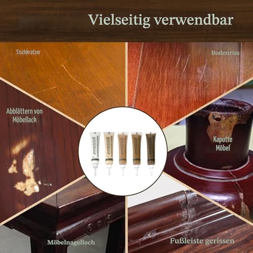 5 Laminat Reparaturset, Parkett Reparatur Holzkitt für Laminatboden Holz Arbeitsplatte Holzmöbel Weiß Creme Braun Holzfarbe, Holzpaste Reparieren Kratzer Risse Löcher Flecken