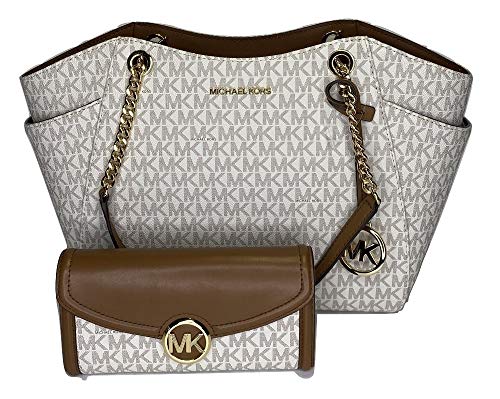 MICHAEL Michael Kors Jet Set Travel Large Chain Shoulder Tote bundled with Michael Kors Fulton Flap Continental Wallet (Signature MK Vanilla/Acorn)
