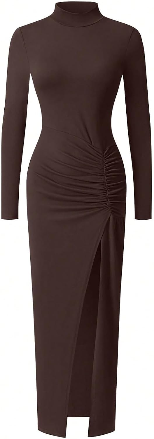 GORGLITTER Women's Drop Cinched Waist Maxi Dress Casual Cocktail Long Sleeve Mock Neck Ruched Split Going Out Dresses
