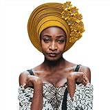 Nigerian Gele Fashion Headties For Women Head,African Head Wrap Beaded Lace Already Made Auto African Headtie For Party (Yellow)
