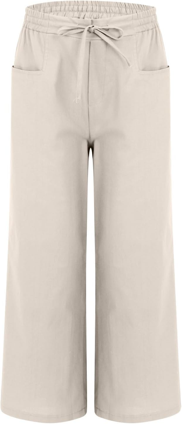 Women's Casual Linen Wide Leg Pants with Pockets Boho Palazzo High Waisted Lounge Trousers