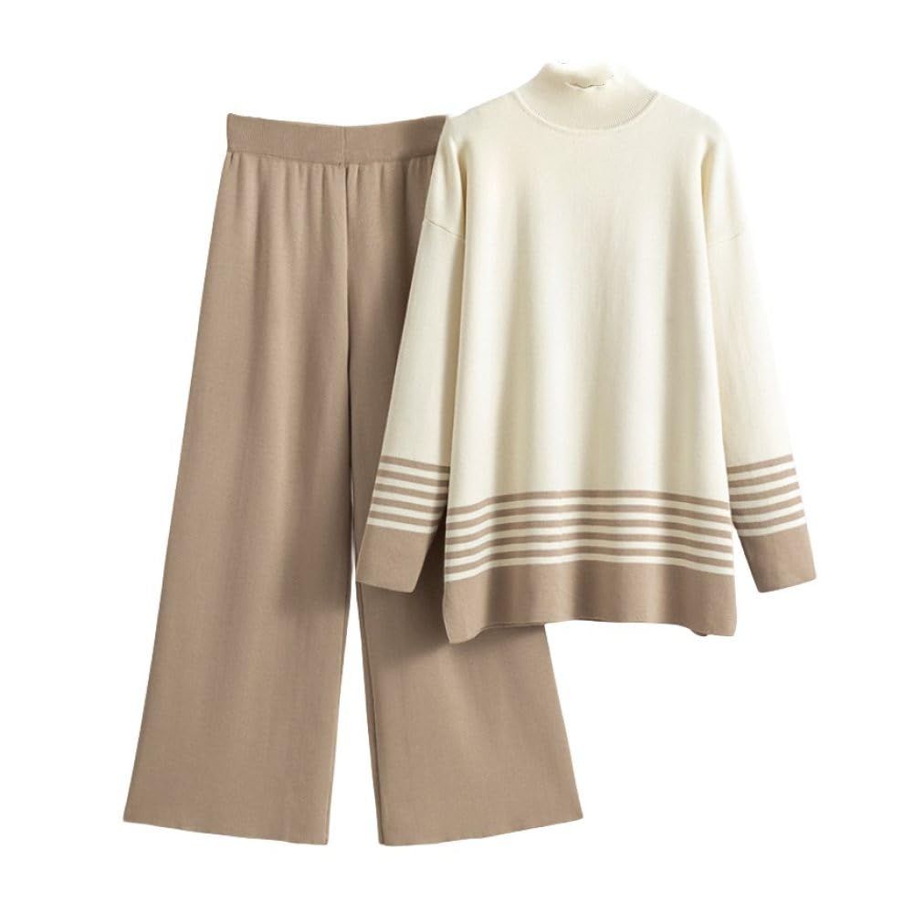 Strick Outfit Für Damen, 2 Teilig, Strickpullover Für Damen Mit Stehkragen, Farbblock Pullover Und Hose Mit Weitem Bein, Pullover Trainingsanzug, Gemütliche Lounge Kleidung Für Damen