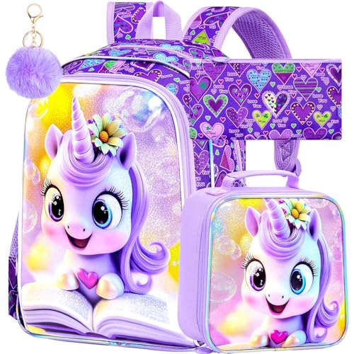 Image of CCJPX 3Pcs Unicorn Backpack, 16 inch Kids Girls Bookbag with Lunch Box, Water Resistant Elementary School Bag for Kindergarten Preschool Toddler (Purple)