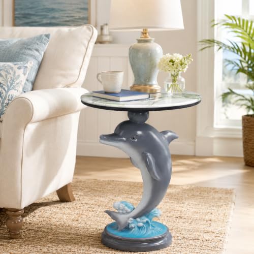elesculor Dolphin Side Table, 25.98 in Animal End Table, Round Marble-Look Top, Hand-Painted, Auto-Grade Finish, Durable and Easy Clean