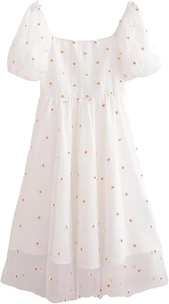 Womens Summer Daisy Flower Square Neck A-Line Casual Dress, Blue, Medium