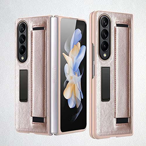 Coque Samsung Z Fold 3 Anti-Choc avec Dragonne et Béquille en Cuir PU Protecteur Doré