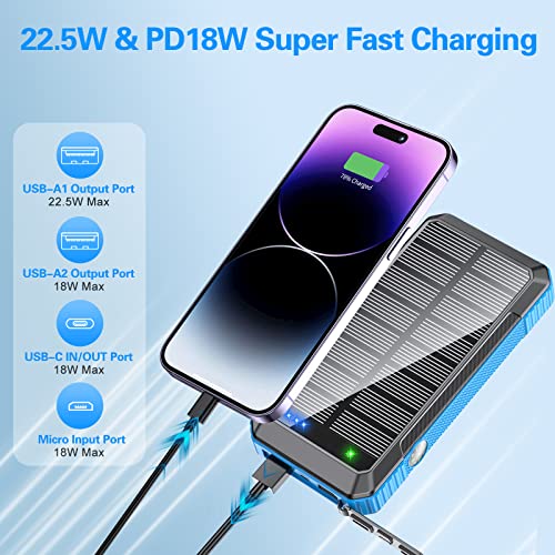 DJKK Solar Power Bank Wireless Charger 33800mAh Built in 4 Cables and LED Camping Lights 22.5W Fast Charging Power Bank 7 Outputs 4 Inputs Portable Charger Compatible with All Mobile Devices (Blue)